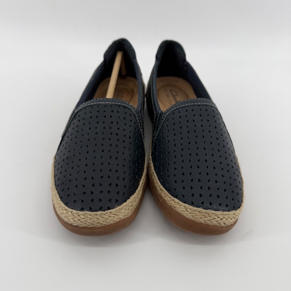 Clarks Elaina Ruby Loafers Womens 5 Navy Blue Leather Perforated Espadrille Flat